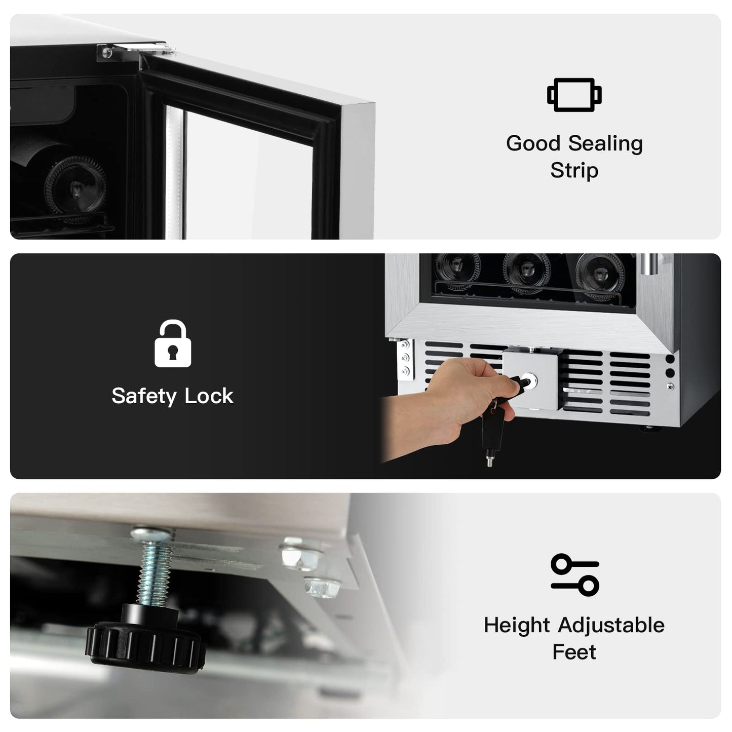 15 Inch Wine Cooler Refrigerator, 30 Bottles Stainless Steel Wine Cellar with Lock, Tempered Glass Door