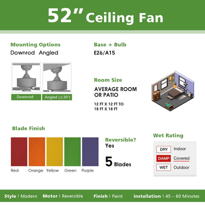 52" Ceiling Fan with Pull Chain Control, Kids Fan Light with 5 Colorful Blades and 3-Speed