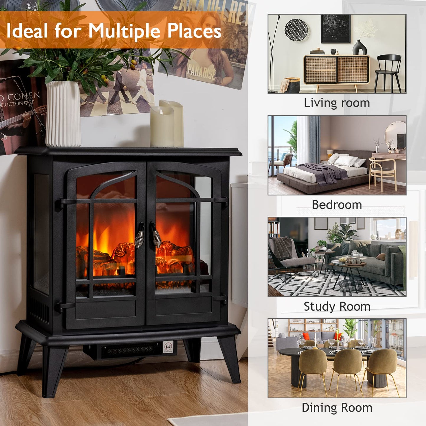 25 Inches Electric Fireplace Stove, 1400 W Freestanding Fireplace Heater, Indoor Electric Stove Heater