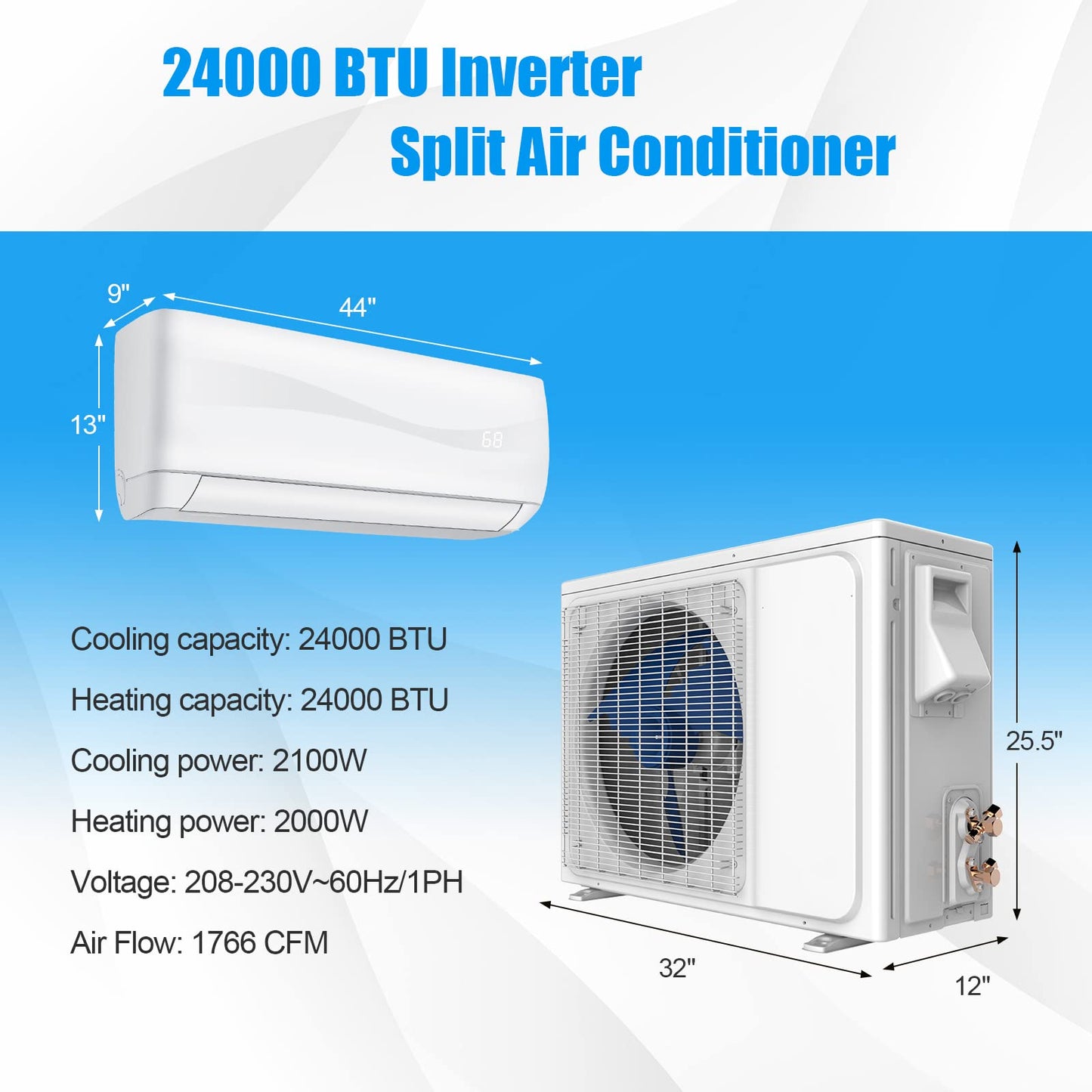 Mini Split Ac/Heating System - 24000BTU Mini Split Air Conditioner w/Heat Pump, 18.5 SEER2 208-230V Inverter Split AC Unit