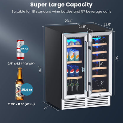 Wine and Beverage Refrigerator, 24 Inch Dual Zone Under Counter Wine Cooler w/Lock
