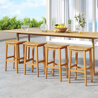 Outdoor PE Rattan Saddle Stools with Acacia Wood Footrests