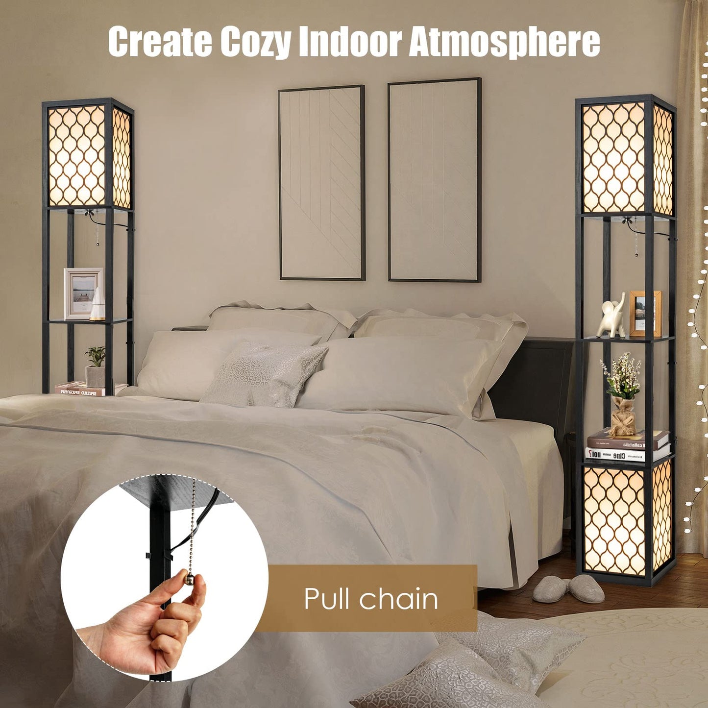Modern Shelf Floor Lamp, Freestanding Double Lamp w/ 2-Tier Wood Shelf & White Lampshade