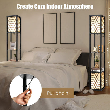 Modern Shelf Floor Lamp, Freestanding Double Lamp w/ 2-Tier Wood Shelf & White Lampshade