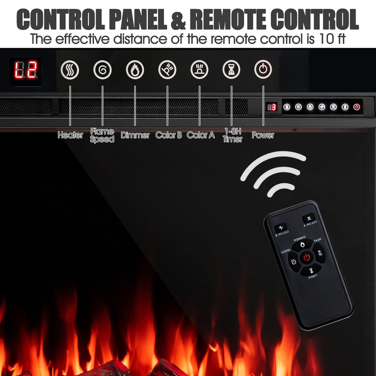 37-Inch Electric Fireplace, Wall-Mounted and Recessed Fireplace Heater with 4 Flame and Log Colors