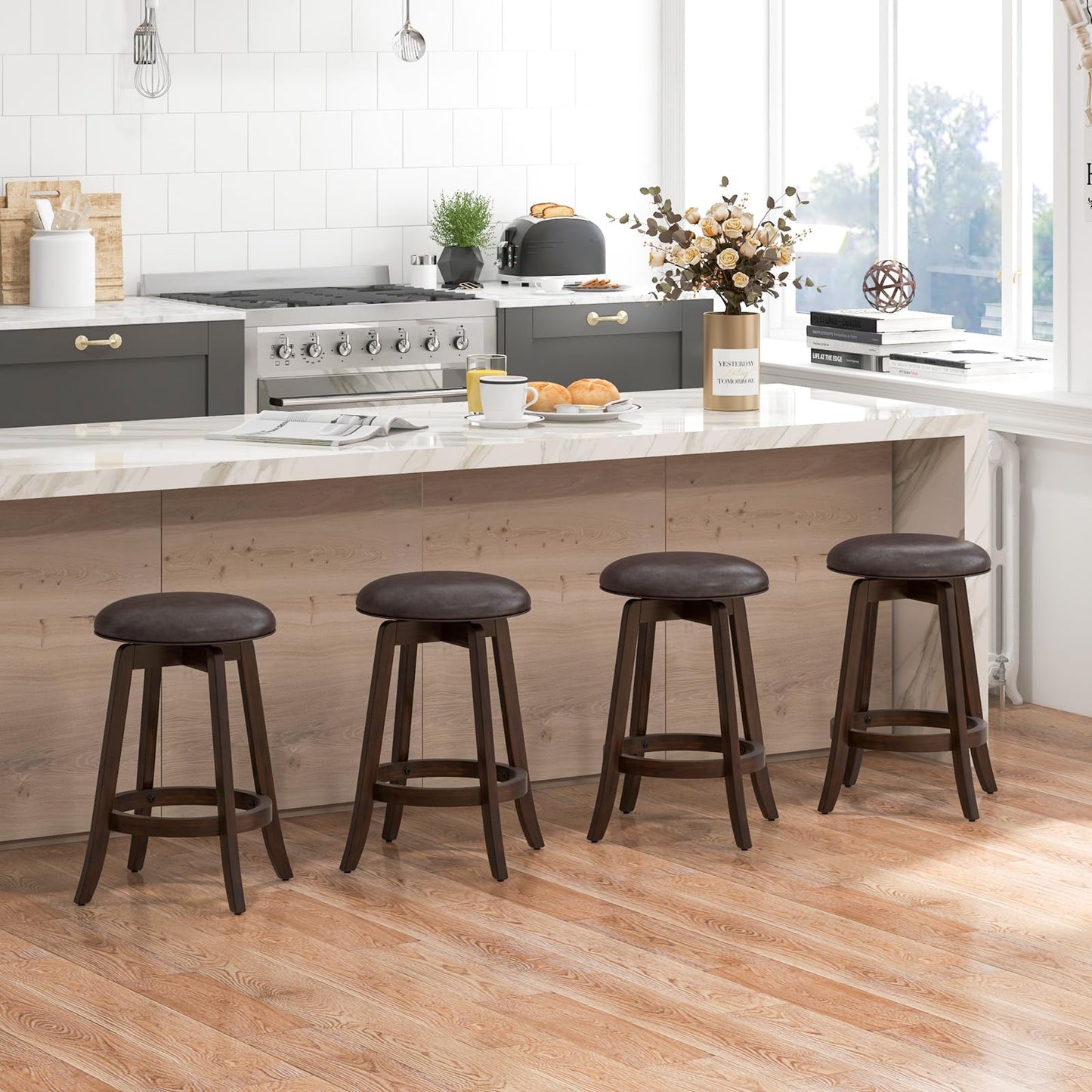 24-Inch Swivel Bar Stools Set of 2/4 Upholstered Barstools w/PU Leather Seat & Solid Rubber Wood Legs