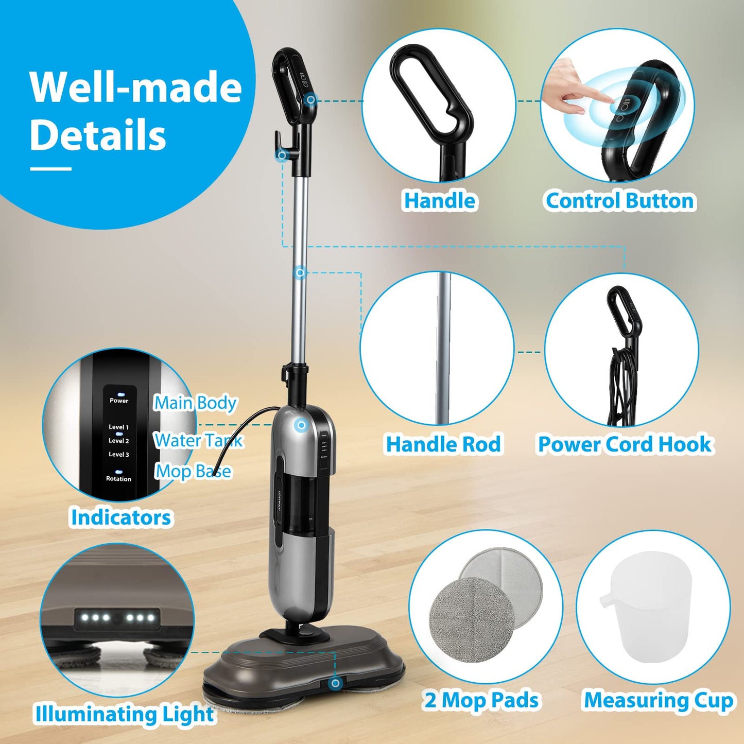Multipurpose Steam Cleaner 180° Dual Rotating Handheld Steam Mop