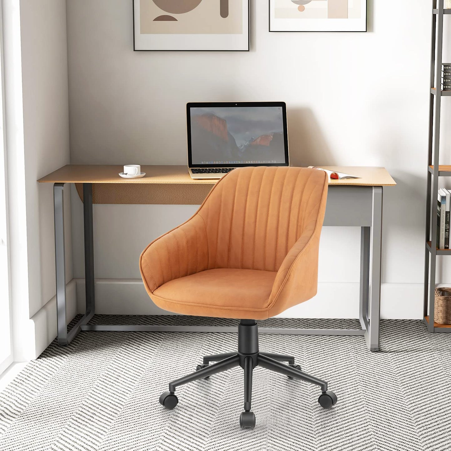 Leather Home Office Chair Adjustable Rolling Leisure Accent Chair with Ergonomic Arms & Backrest