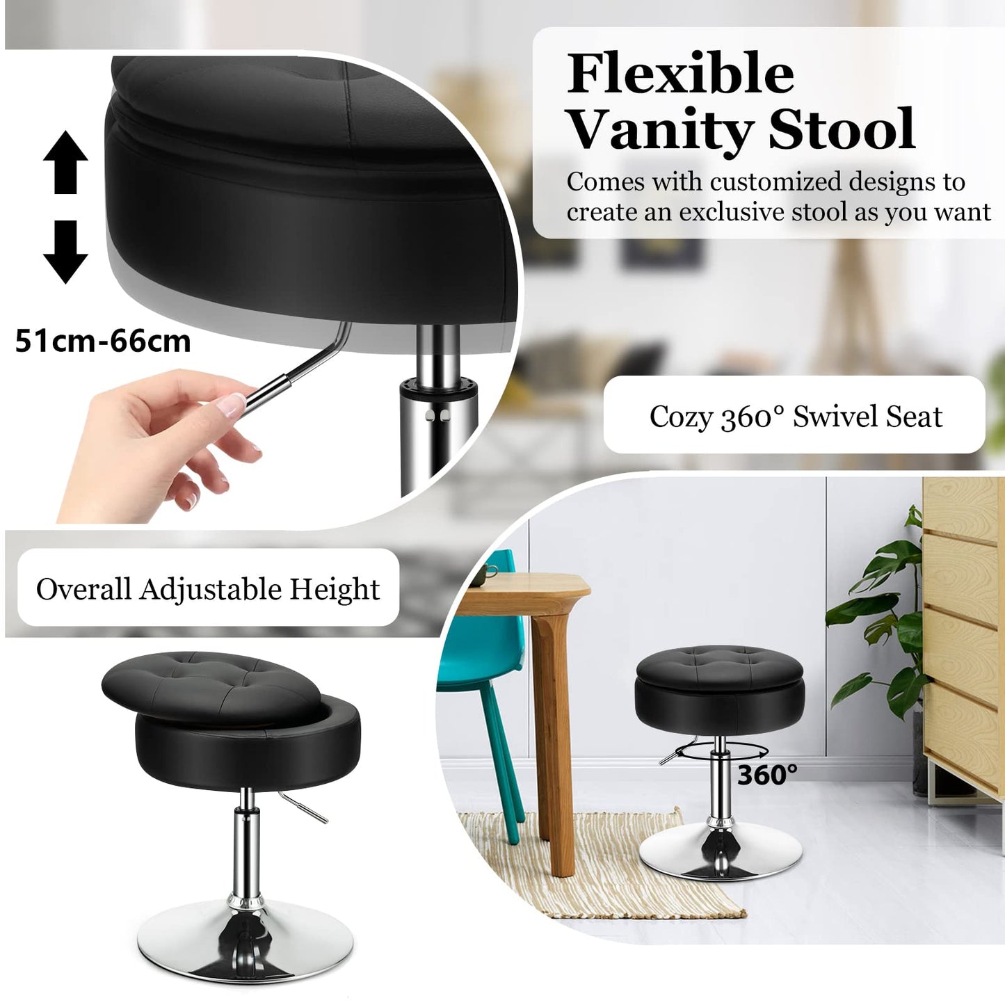 Adjustable Swivel Vanity Stool 360° Swivel 20"-26" Height Adjustable Tufted Round PU Leather Ottoman with Storage