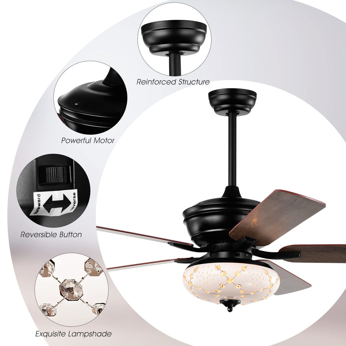 52-Inch Ceiling Fan with Remote Control, Crystal Ceiling Fan with 3 Wind Speeds and 5 Reversible Blades