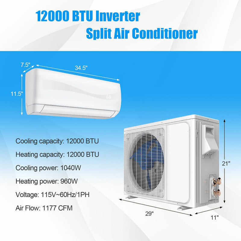 Mini Split Ac/Heating System - 12000BTU Mini Split Air Conditioner w/Heat Pump, Remote Control