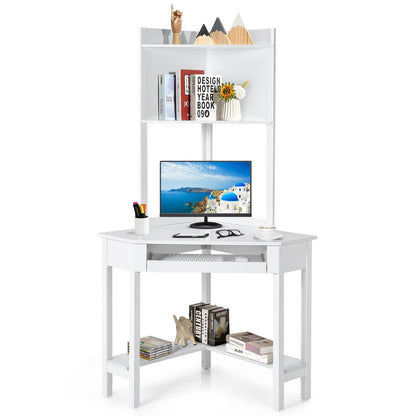 Corner Desk with Keyboard Tray & Bottom Shelves for Small Space