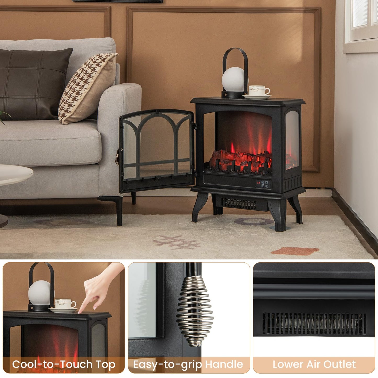 Electric Fireplace Stove with 3-Sided View, Remote Control, 1400W Portable Freestanding Heater with Thermostat