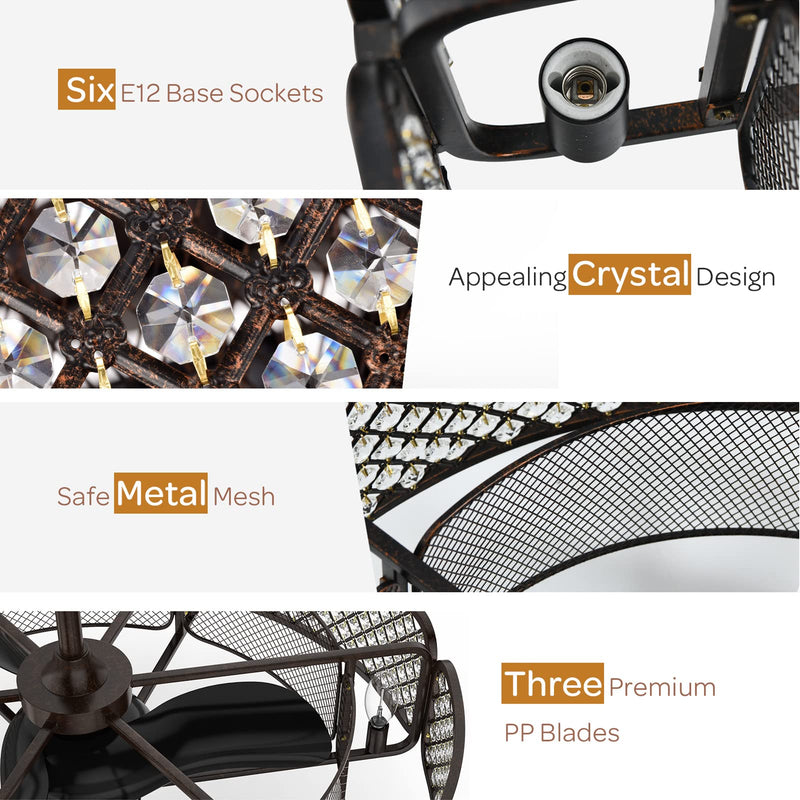 Caged Ceiling Fan with Light, 30 Inch Crystal Ceiling Fan with 6 Light Bases, 3 Fan Blades & Remote Control