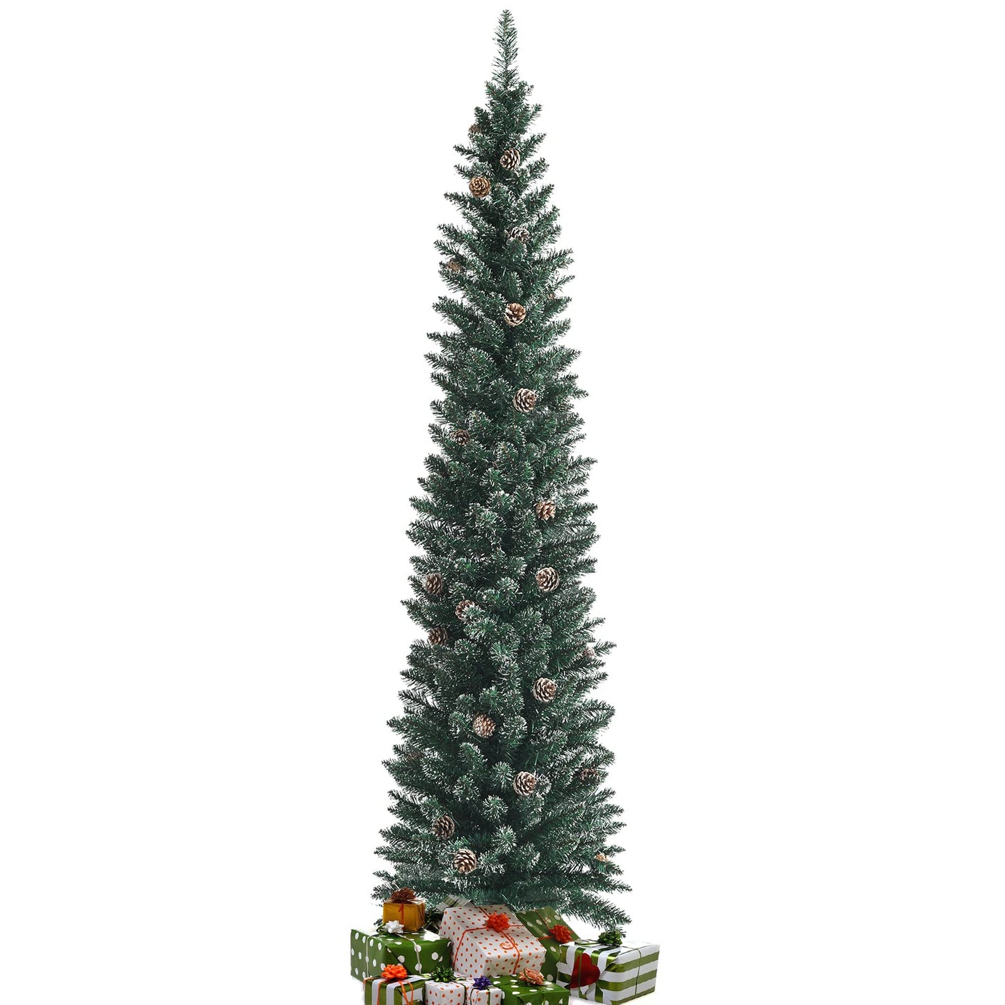 7 ft Snowy Artificial Pencil Christmas Tree with Pine Cones