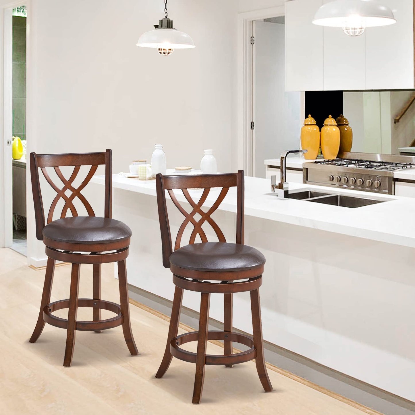 360° Swivel Chairs Bar Stools with Rubber Wood Frame PU Leather Cushioned Seat and Footrests